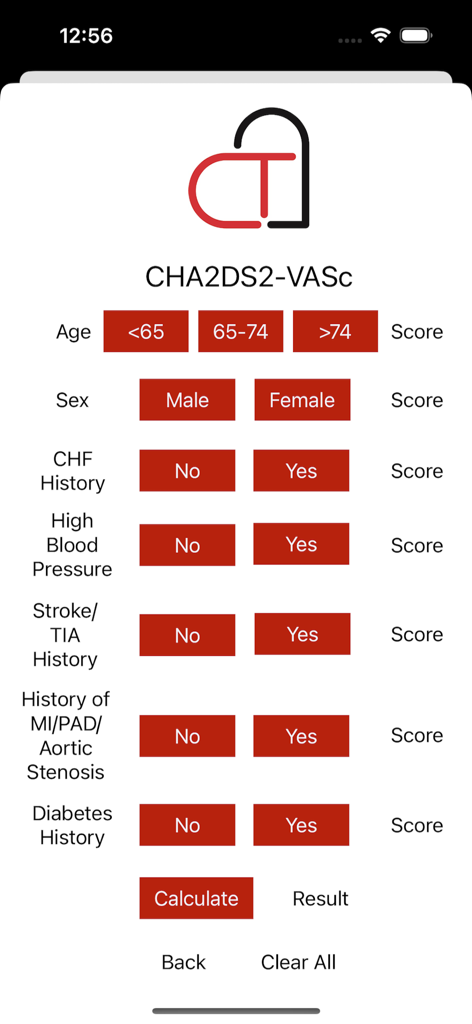 The Cardiac Calculator - Interface of the CHA2DS2-VASc clinical calculator within The Cardiac Calculator mobile app.