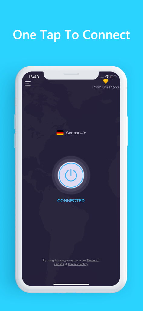 VPN for iPhone - Unlimited VPN - 탭 한 번으로 연결 버튼과 독일 서버에 연결된 상태를 보여주는 아이폰용 VPN 인터페이스