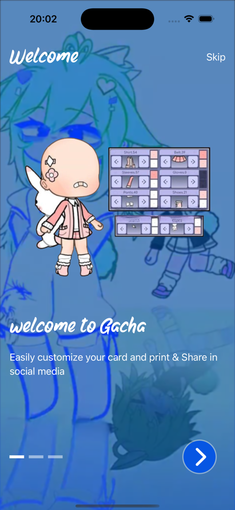 Make gacha life character girl - Onboarding screen for a Gacha character maker app showing a chibi girl and clothing customization options