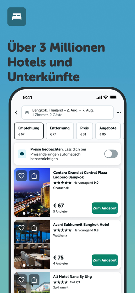 checkfelix: Flüge Hotels Autos - Screenshot dell'app checkfelix che mostra i risultati della ricerca hotel per Bangkok con filtri di prezzo ed elenchi di hotel come il Centara Grand.