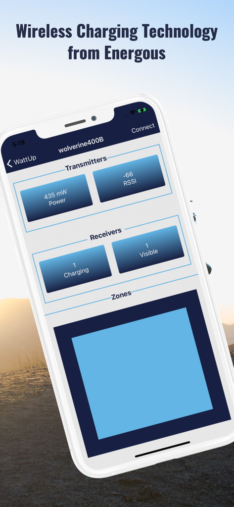Mobile dashboard of the WattUp app showing real-time transmitter power and receiver status