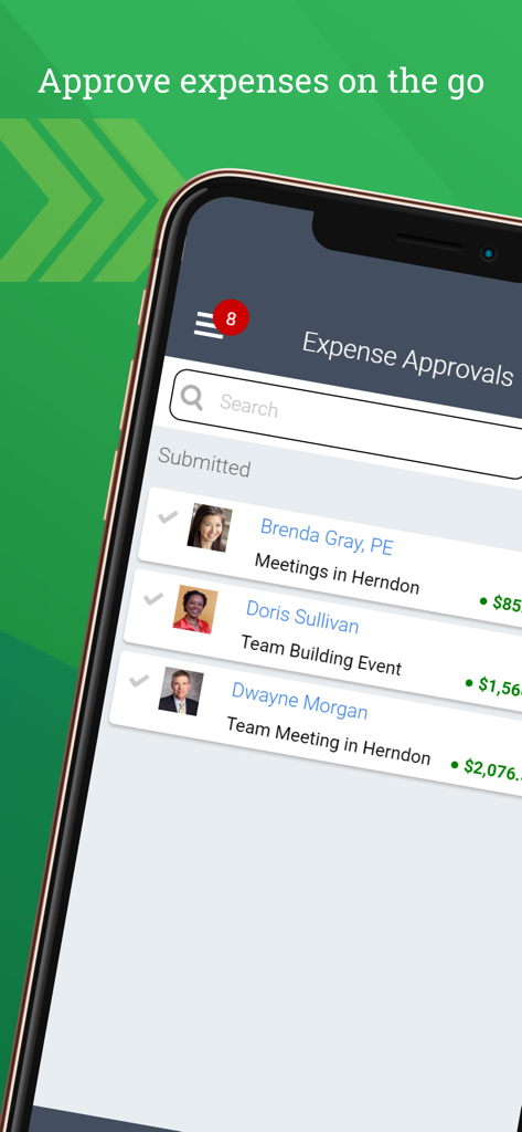 Deltek T&E for Vantagepoint - Mobile interface of Deltek Vantagepoint app displaying the expense approvals screen with a list of submitted reports.
