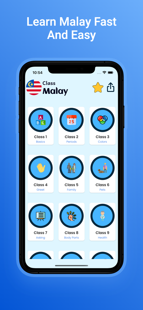 Captura de pantalla de la aplicación de aprendizaje del idioma malayo que muestra categorías de lecciones para saludos básicos y familia
