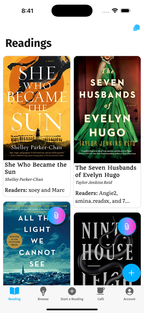 Bookship: a virtual book club - The Readings screen of the Bookship app displaying current books and active readers in the virtual book club.