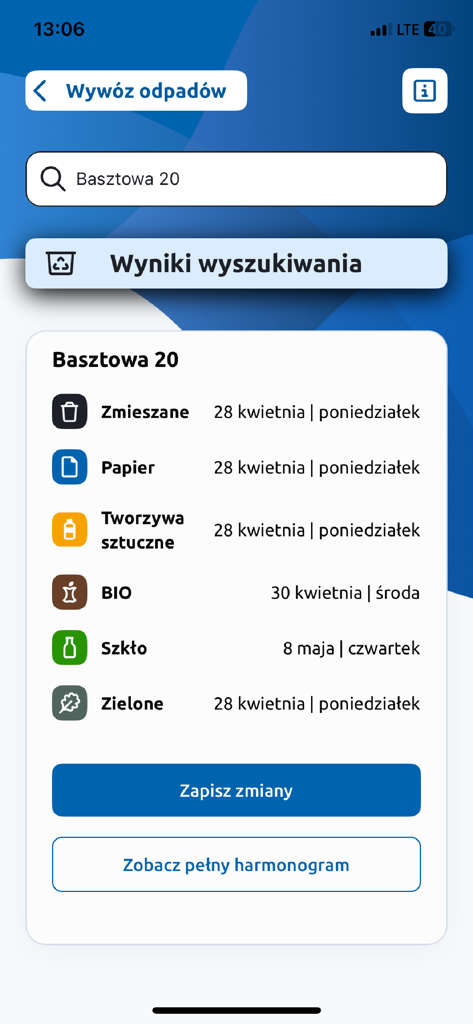 mKraków - Captura de tela do aplicativo móvel mKraków com o cronograma de coleta de lixo exibindo datas de coleta para diferentes categorias de reciclagem.
