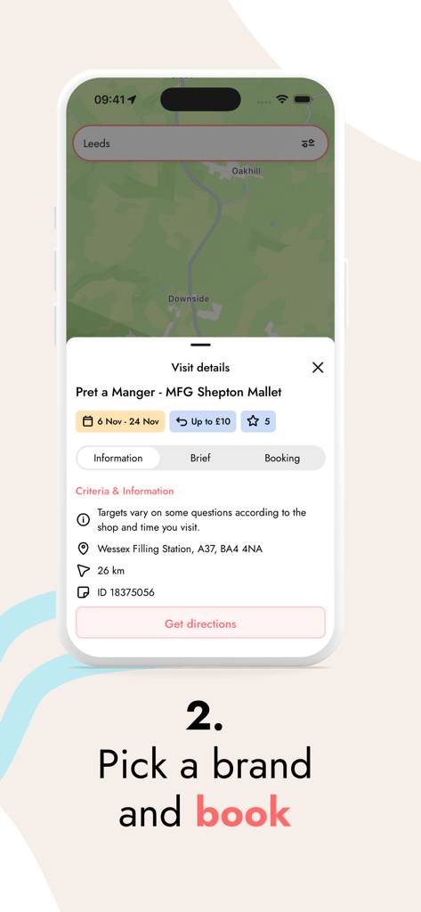Pantalla de la aplicación Mystery Dining que muestra los detalles de la visita al restaurante y las opciones de reserva en un mapa