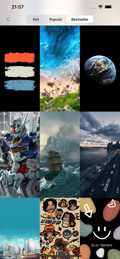 Wallpapers -Selected HD Images - A grid of trending HD wallpapers including landscapes, anime, and abstract designs.