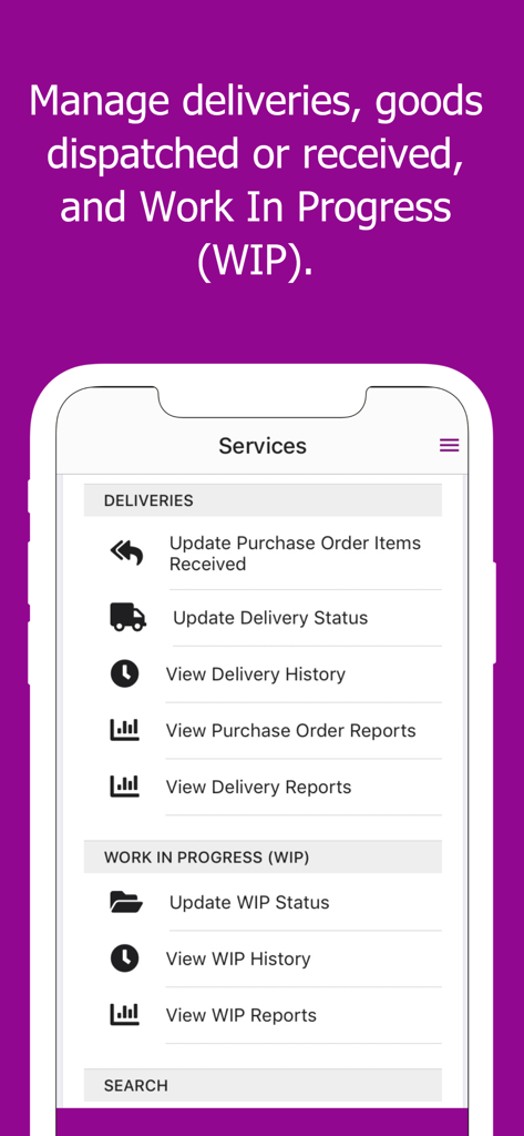Asset & Inventory Tracker - Ventipix App-Oberfläche, die Menüoptionen zur Verfolgung von Lieferungen und des WIP-Status (Work in Progress) anzeigt.