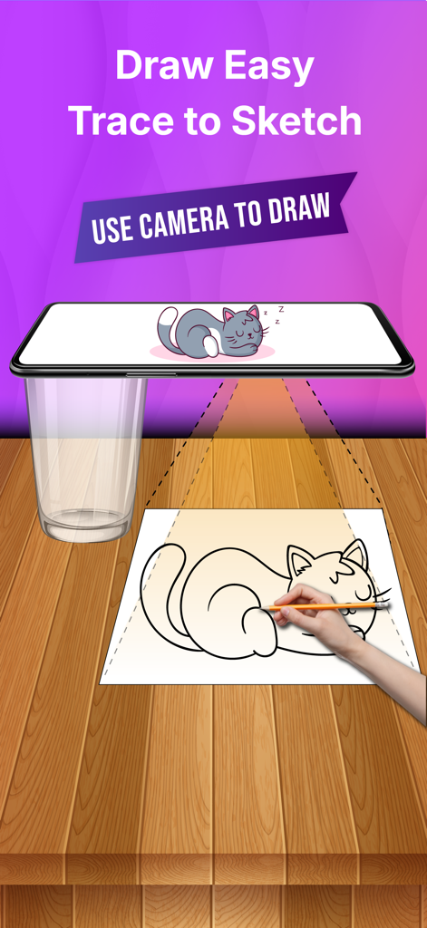 A hand tracing a cat illustration on paper using a smartphone and an AR drawing app.