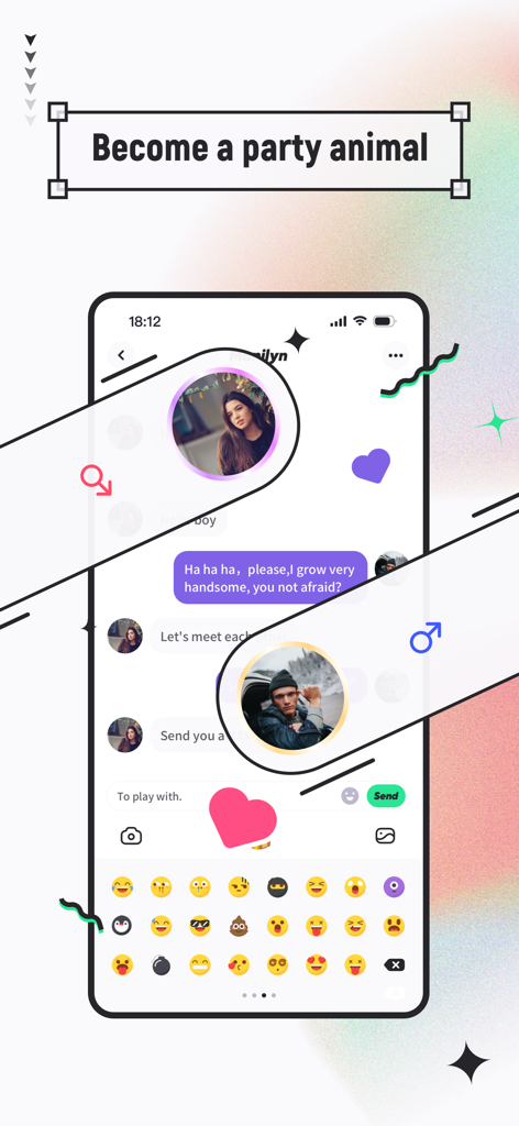 DreamLike-Video-Chat - Mobile screen showing the DreamLike Video Chat interface with a text conversation and emoji keyboard