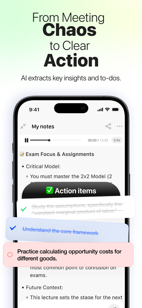 Recco: AI Note Taker - Recco AI Note Taker displaying a list of extracted action items from a lecture
