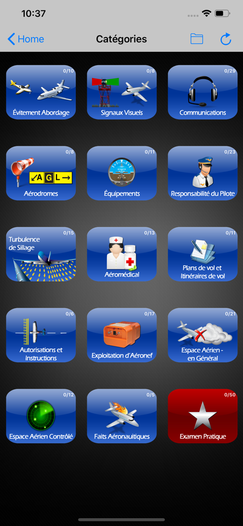 PSTAR Plus - Transport Canada - A grid of study categories for the PSTAR aviation exam within the PSTAR Plus app in French