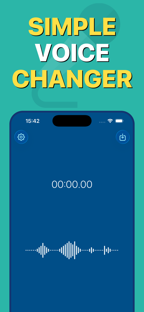Voice Changer — Sound Effects - Interfaz de la aplicación simple de cambiador de voz que muestra una sesión de grabación con una onda de sonido