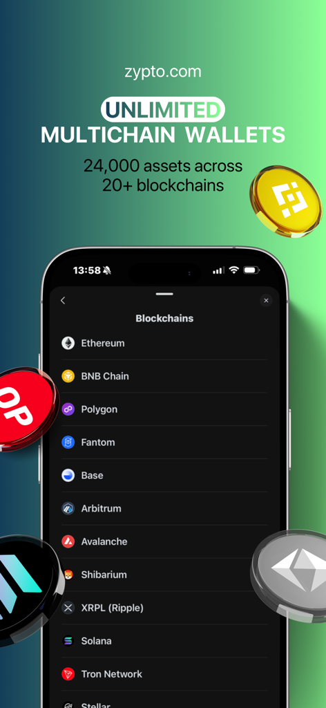 Zypto Crypto & Bitcoin Wallet - Zypto app interface showing a list of supported blockchains for unlimited multichain wallets including Ethereum, Solana, and BNB Chain.