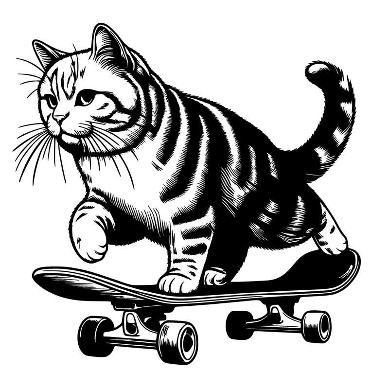 realistic cat riding a skateboard