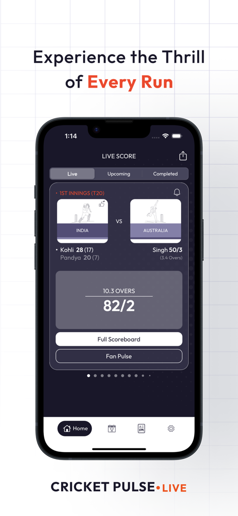 Cricket Pulse - Live Scores - A smartphone screen displaying a live cricket match score for India versus Australia on the Cricket Pulse app