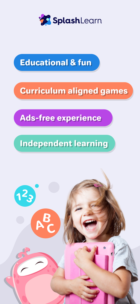 Splash Jr: PreK & Kindergarten - A happy young girl holding a tablet with SplashLearn app features including curriculum aligned games and an ad-free experience