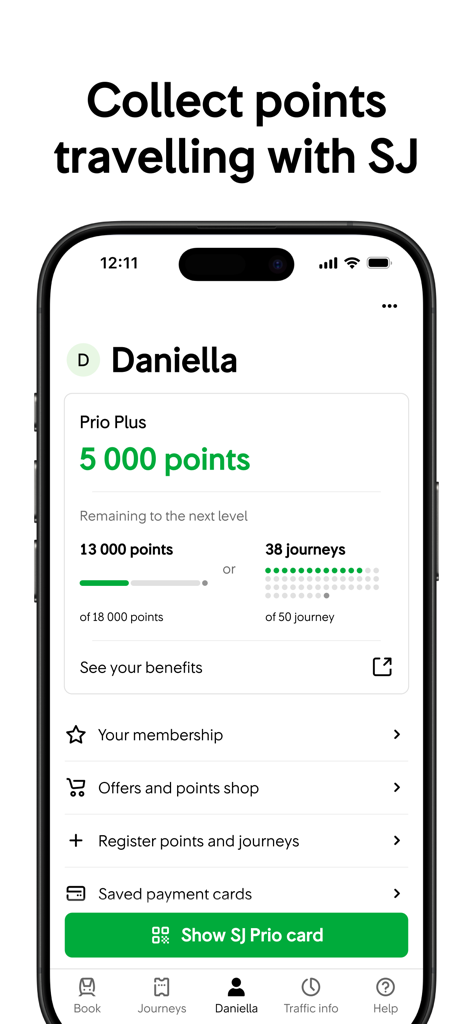 Pantalla de la aplicación SJ Trains en Suecia que muestra el nivel de membresía del programa de fidelización SJ Prio, el saldo de puntos y el progreso hacia el siguiente nivel de recompensa