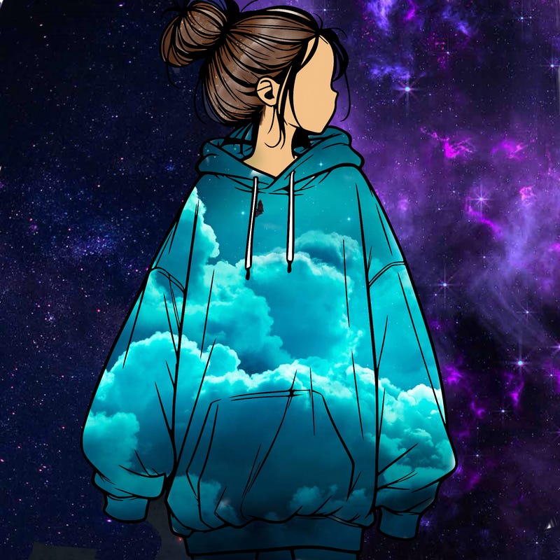 realistic girl with a oversized sweatshirt on and a bun