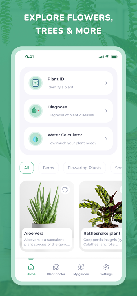 PlantID - Plant identifier++ - Interface do aplicativo móvel PlantID com ferramentas para identificação de plantas, diagnóstico de doenças e uma calculadora de água