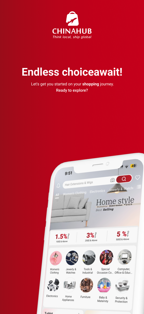 Chinahub Pro mobile app interface showing diverse product categories for global sourcing and shipping