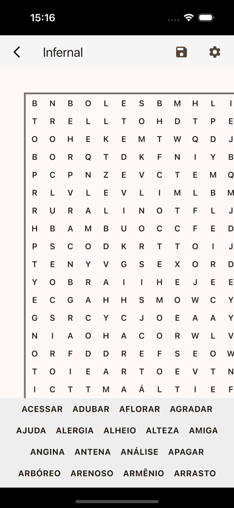 ポルトガル語のワードサーチパズルゲーム画面。地獄級の難易度グリッドと単語リストが表示されています。