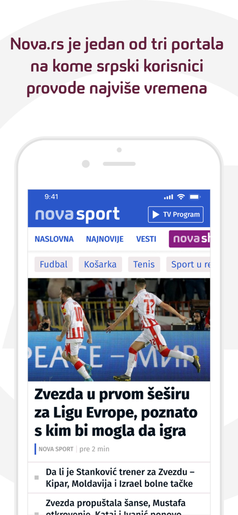 Seção Nova Sport no aplicativo NOVA Portal com notícias esportivas sérvias