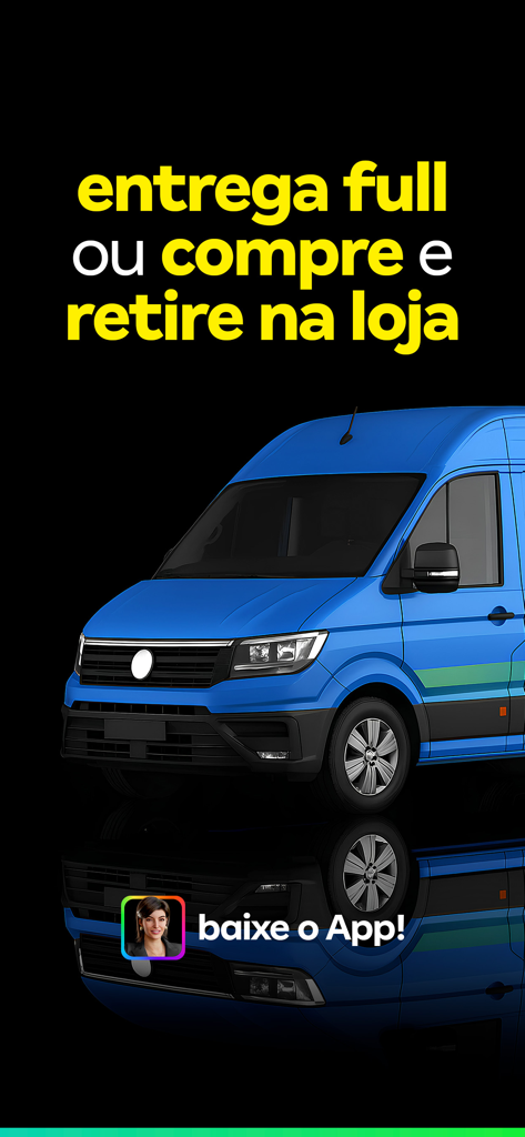 Blue delivery van for the Magalu app promoting fast delivery and store pickup options