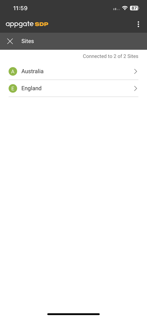 Interfaz de la aplicación Appgate SDP que muestra sitios de red conectados para Australia e Inglaterra