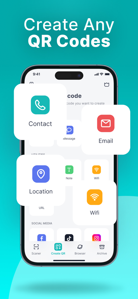 QR Code Reader & Scanner・ - Mobile app screen showing diverse options to create custom QR codes for wifi contact and social media