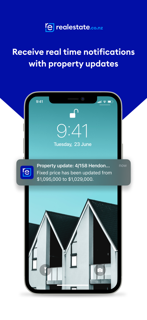 Realestate - Realestate.co.nz app showing a real-time price update notification on a smartphone screen