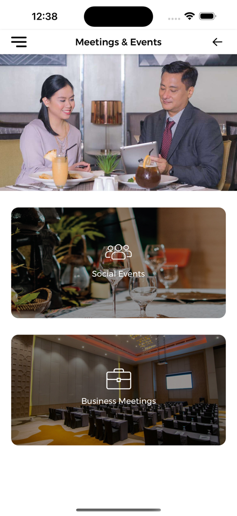 Club Access - Interface of the Club Access app showing options for booking social events and business meetings