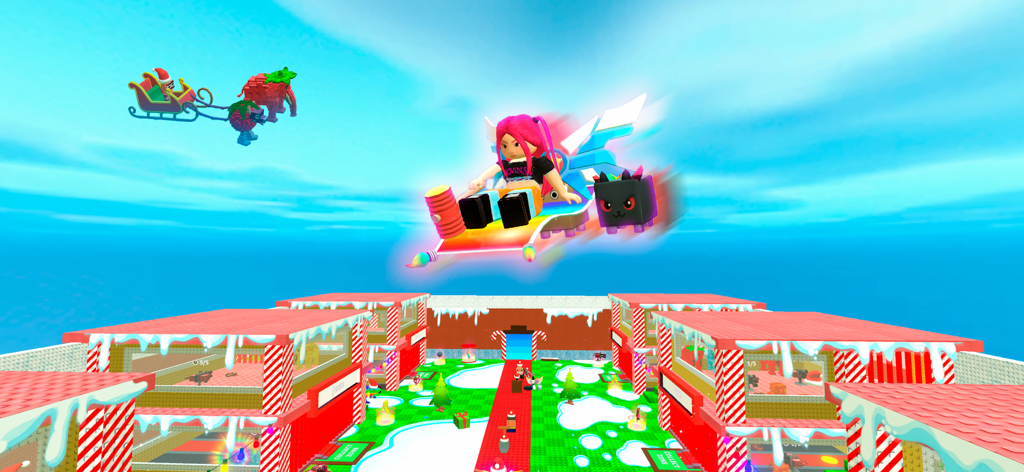 Steal all and Catch Animal - Un personaggio che vola su uno skateboard a levitazione sopra una città innevata e festiva con un animale domestico.