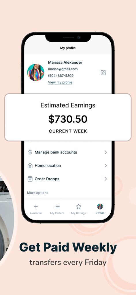 The washr app profile screen showing estimated weekly earnings of seven hundred and thirty dollars and information about weekly transfers every Friday.