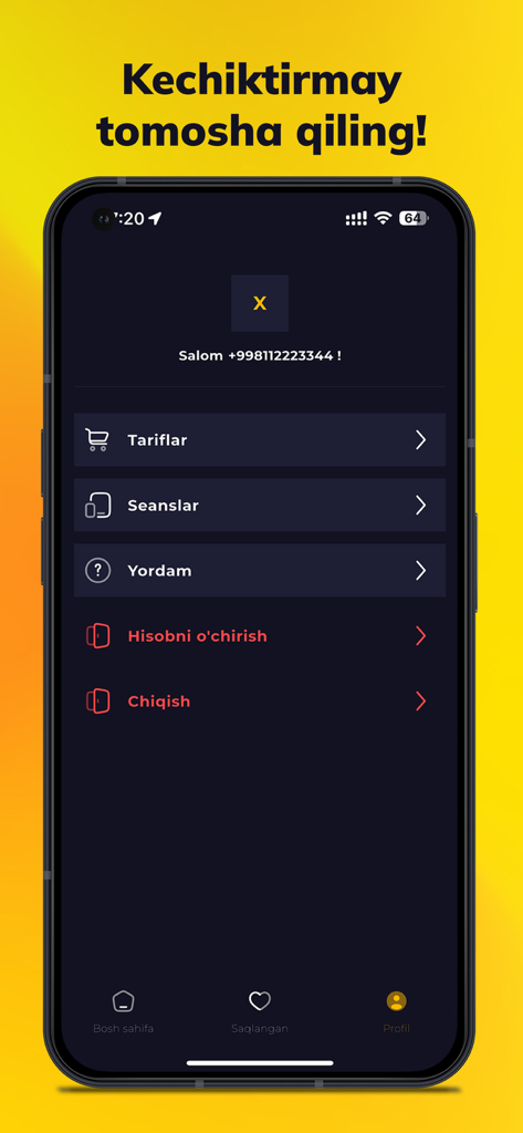 User profile interface of the Xon-Play app featuring account settings and navigation in Uzbek