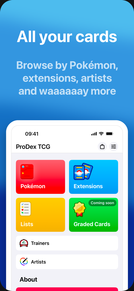 ProDex TCG - Card Tracker - ProDex TCG app home screen showing options to browse cards by extensions, lists, and artists