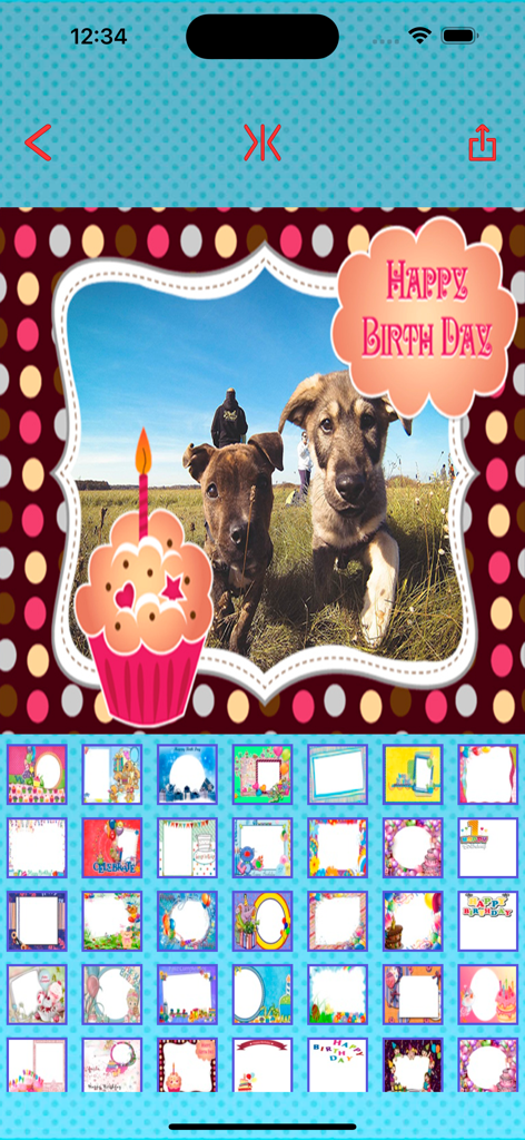 Happy birthday photos frames - Captura de pantalla de iPhone que muestra una interfaz de aplicación con dos cachorros en un marco de fotos de cumpleaños decorativo y una galería de varios diseños de marcos debajo.