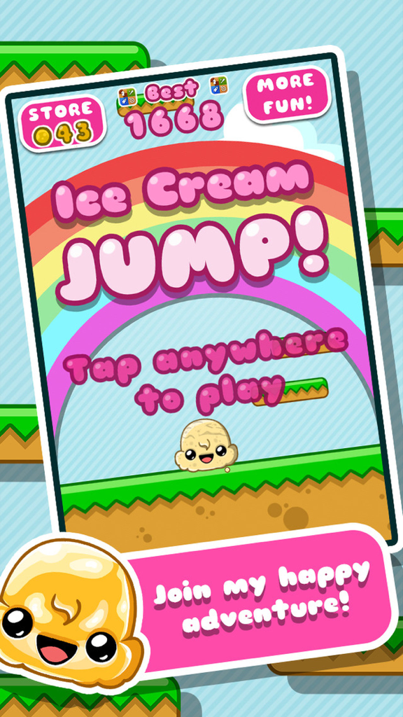 Ice Cream Jump - Title screen of the Ice Cream Jump mobile game featuring a smiling ice cream scoop and a rainbow background.