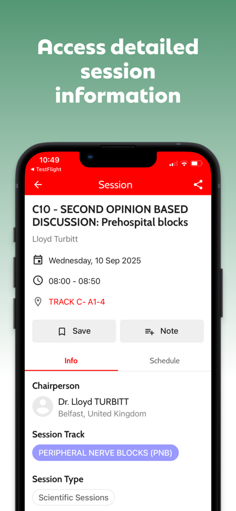 ESRA Congress 2025 - Captura de pantalla de la aplicación ESRA Congress 2025 que muestra información detallada de la sesión médica, incluyendo detalles del ponente y el horario.