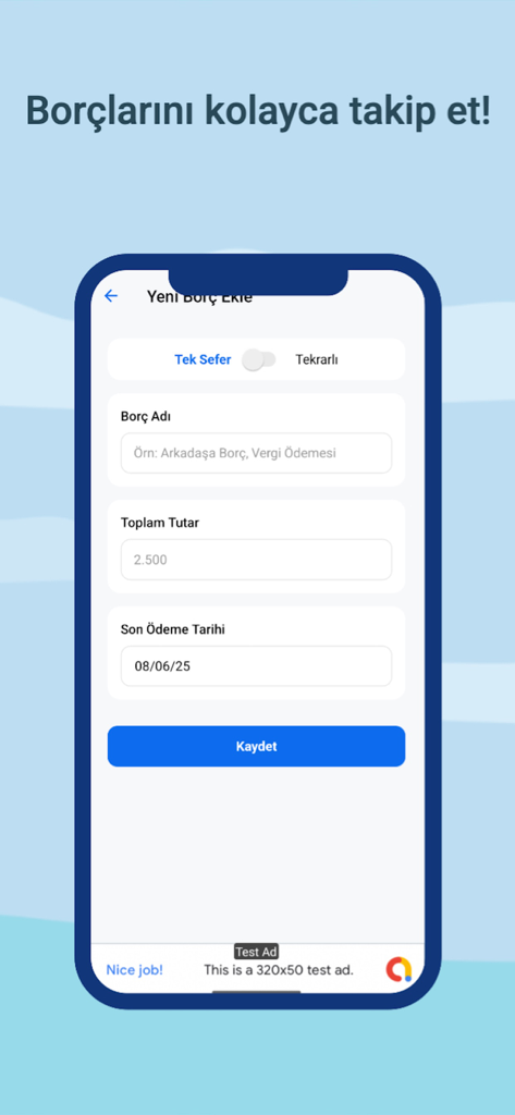 Borç Defteri - Bildschirm der mobilen App von Borc Defteri zur Eingabe neuer Schuldendetails wie Name, Betrag und Datum.