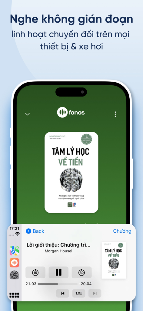 Fonos: Sách nói & PodCourse - The Fonos app displaying a Vietnamese audiobook playing on both a mobile device and a car dashboard interface