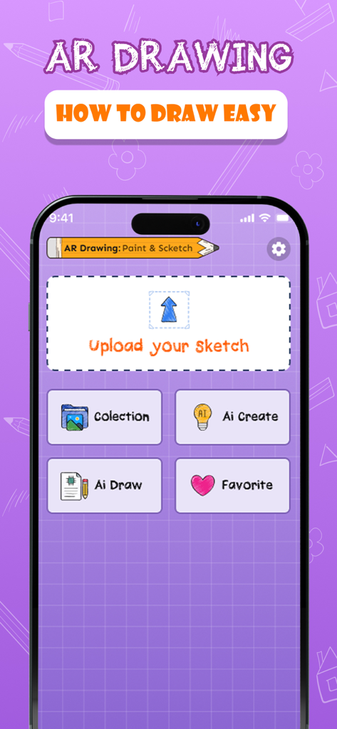 La pantalla de inicio de la app AR Drawing con botones para subir bocetos y herramientas de creación de IA.