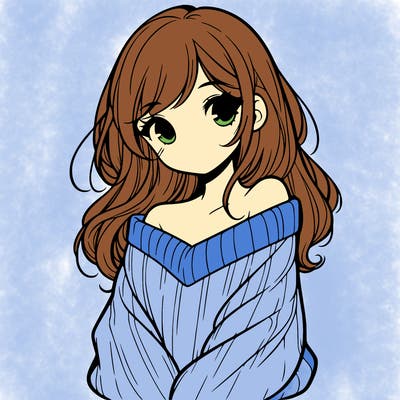 shy pretty girl wearing a sweater that is falling off one shoulder portrait