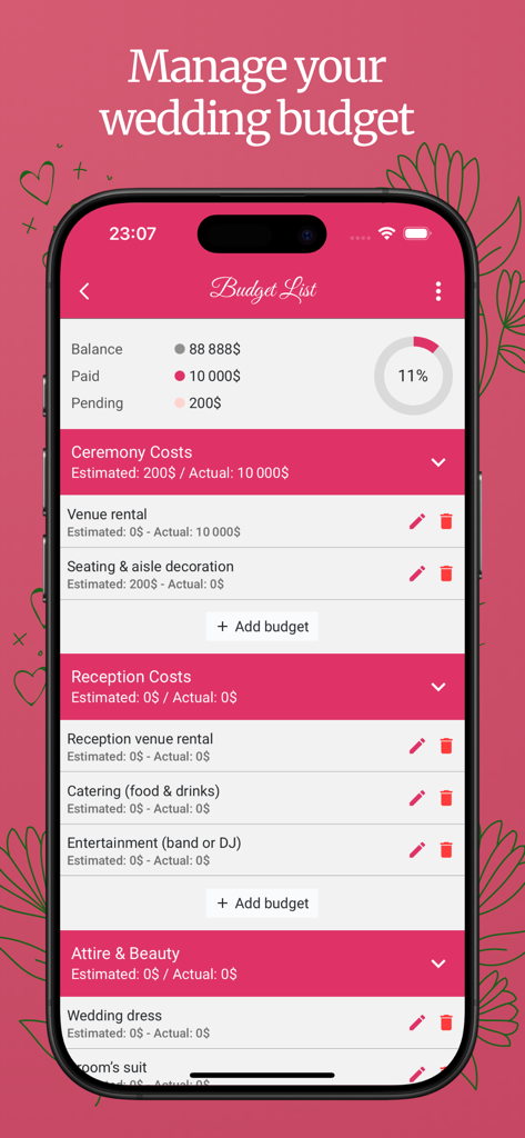 Interfaccia dell'app mobile per la gestione dei budget nuziali con categorie di costi per cerimonia e ricevimento.