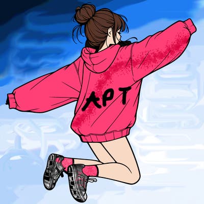 realistic girl jumping with a bun and oversized sweatshirt
