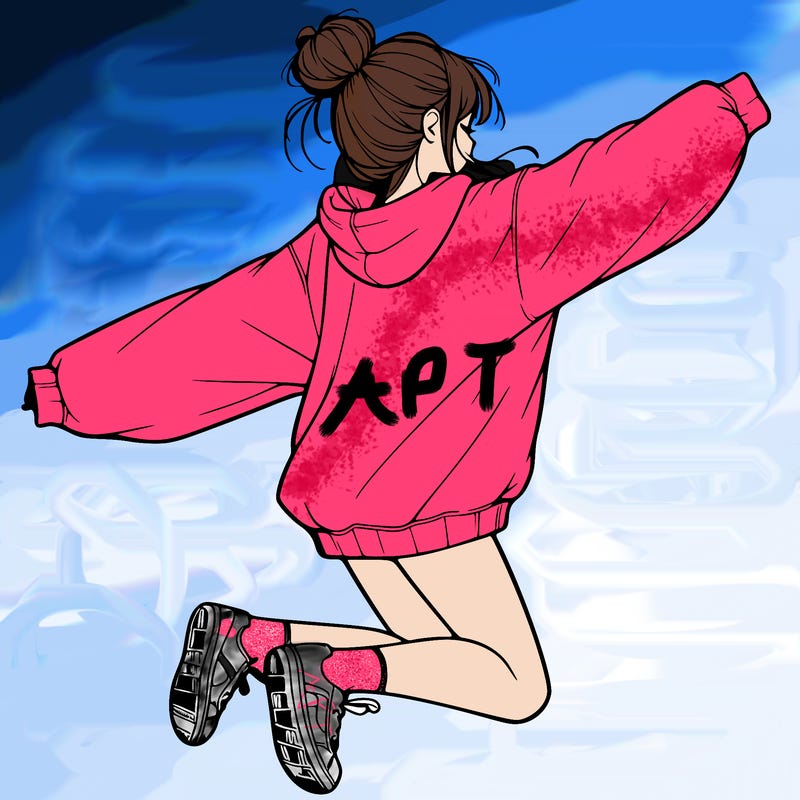 realistic girl jumping with a bun and oversized sweatshirt