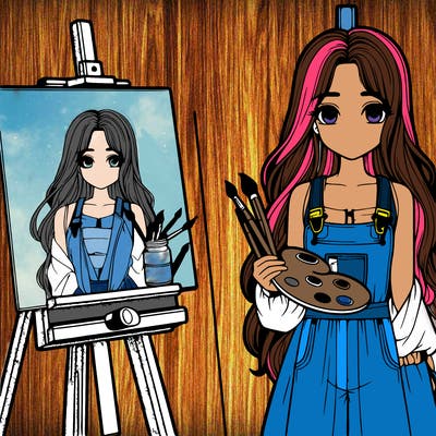 a realistic girl with long hair and shes a painter shes holding a paint pallet and easel with a blank canvas on it next to her