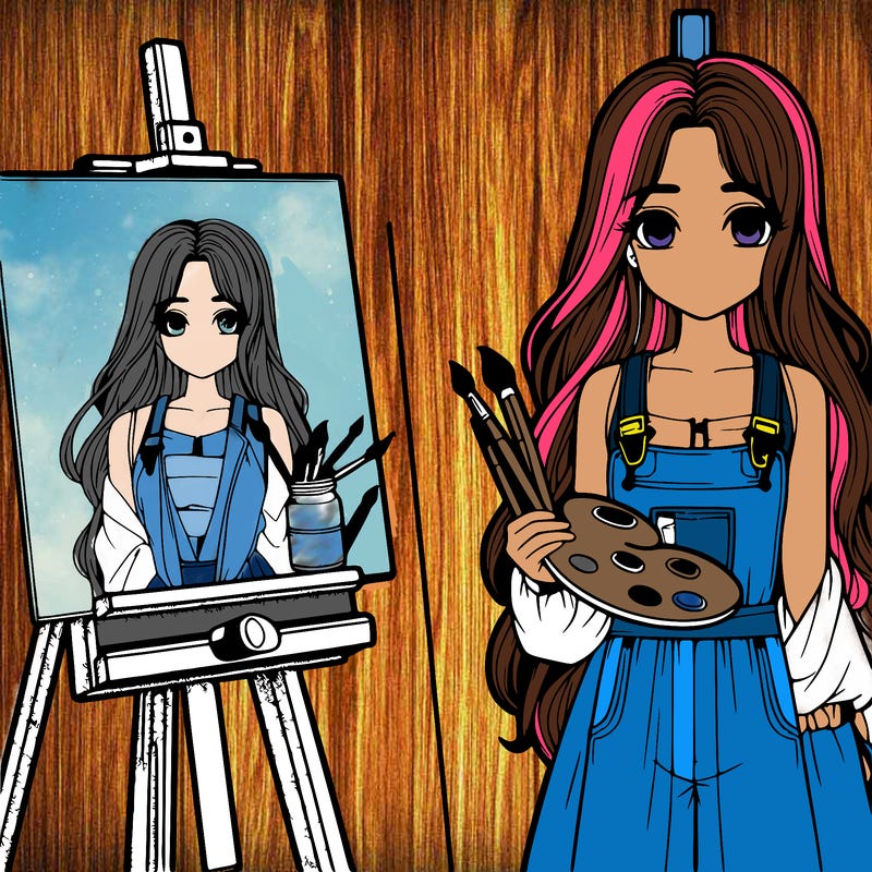 a realistic girl with long hair and shes a painter shes holding a paint pallet and easel with a blank canvas on it next to her