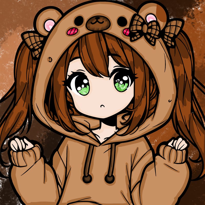 cute anime girl with ponytails and a cute bear hoodie