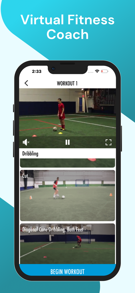 Soccer Dribbling Master - Pantalla de teléfono inteligente que muestra videos de entrenamiento de regate de fútbol e interfaz de entrenador de fitness virtual